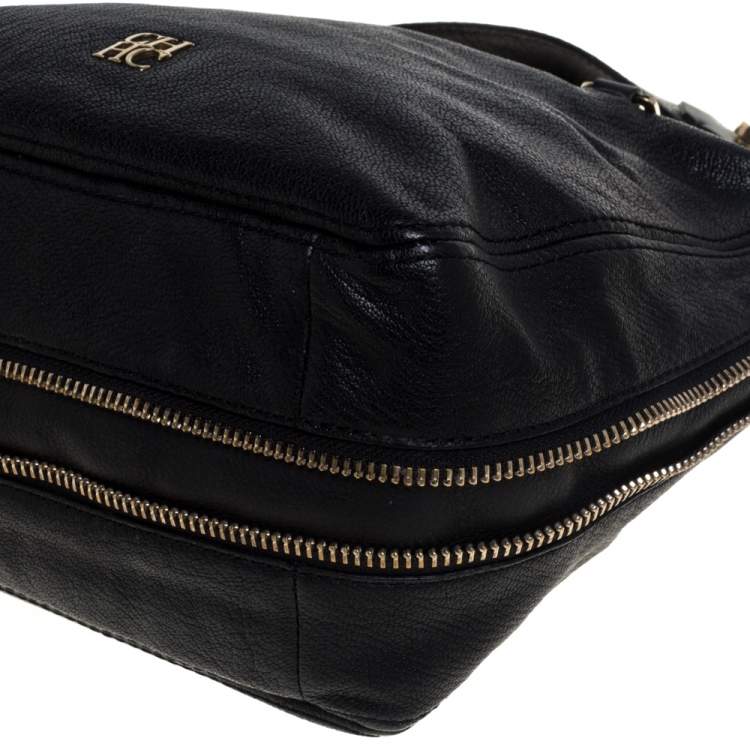 Pre Owned Carolina Herrera Black Leather Zip Satchel 