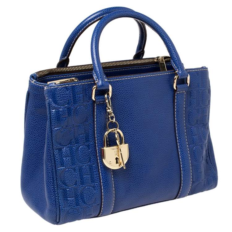 Pre Owned Carolina Herrera Blue Monogram Leather Matteo Tote