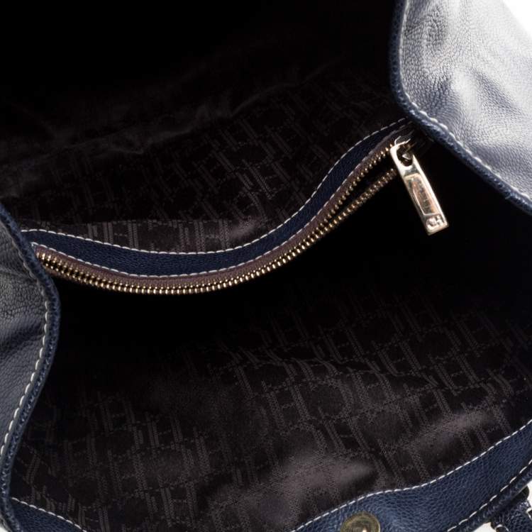 Pre Owned Carolina Herrera Navy Blue Pebbled Leather Large Matteo Tote