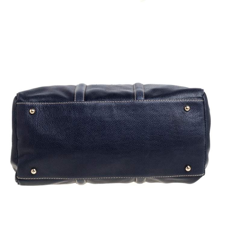 Pre Owned Carolina Herrera Navy Blue Pebbled Leather Large Matteo Tote