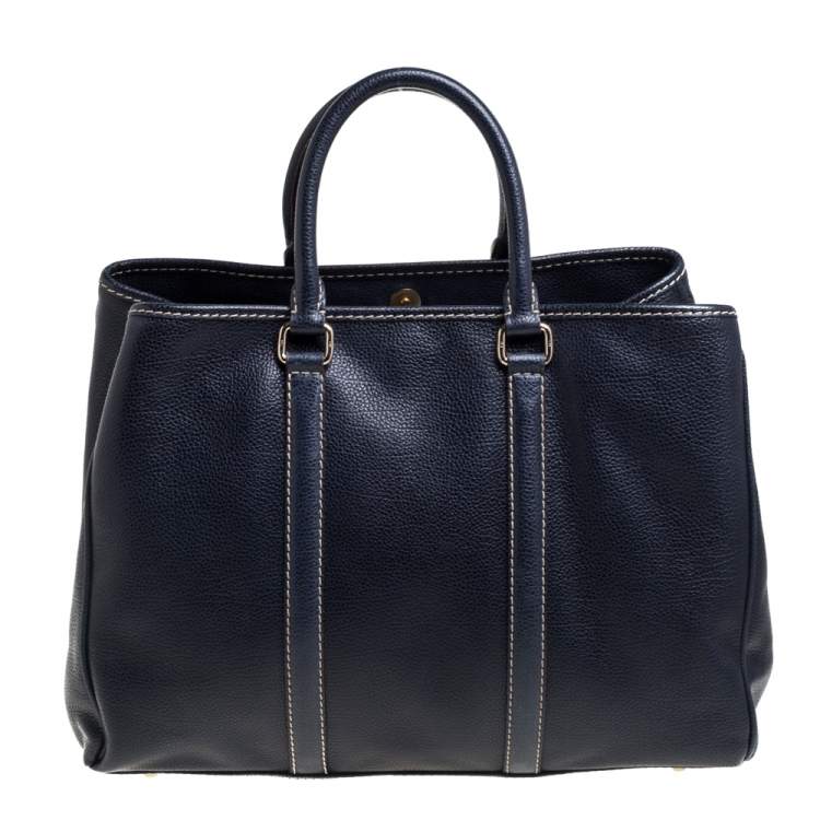 Pre Owned Carolina Herrera Navy Blue Pebbled Leather Large Matteo Tote