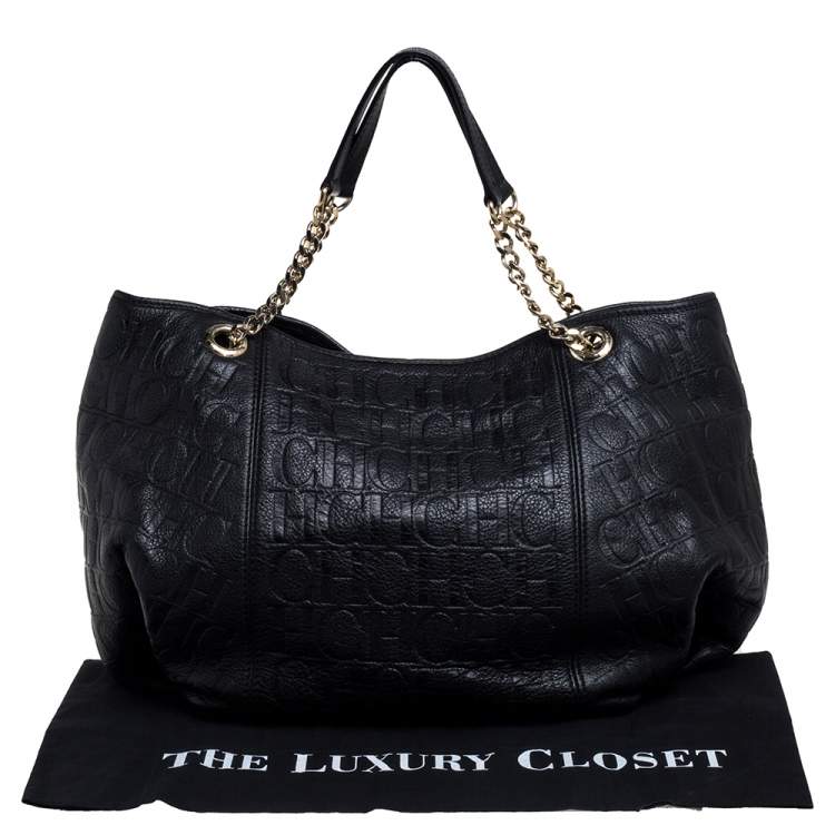 Pre Owned Carolina Herrera Black Monogram Leather Chain Hobo