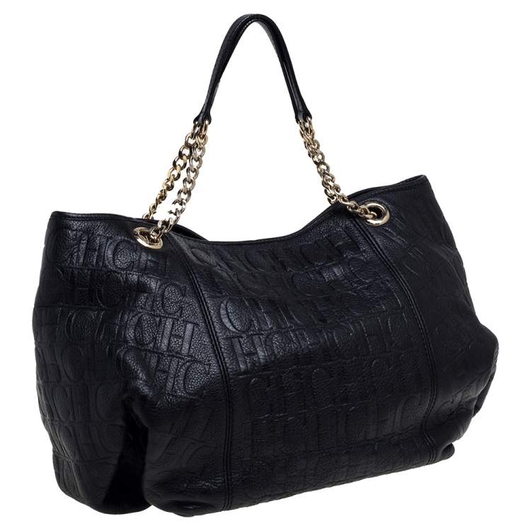 Pre Owned Carolina Herrera Black Monogram Leather Chain Hobo