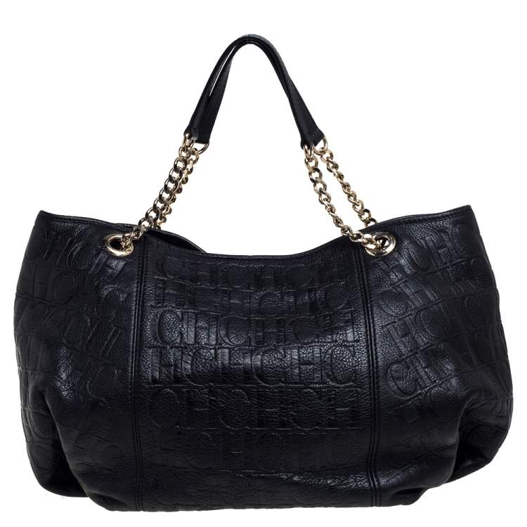 Pre Owned Carolina Herrera Black Monogram Leather Chain Hobo