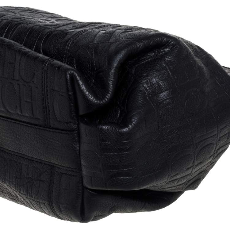 Pre Owned Carolina Herrera Black Monogram Leather Chain Hobo