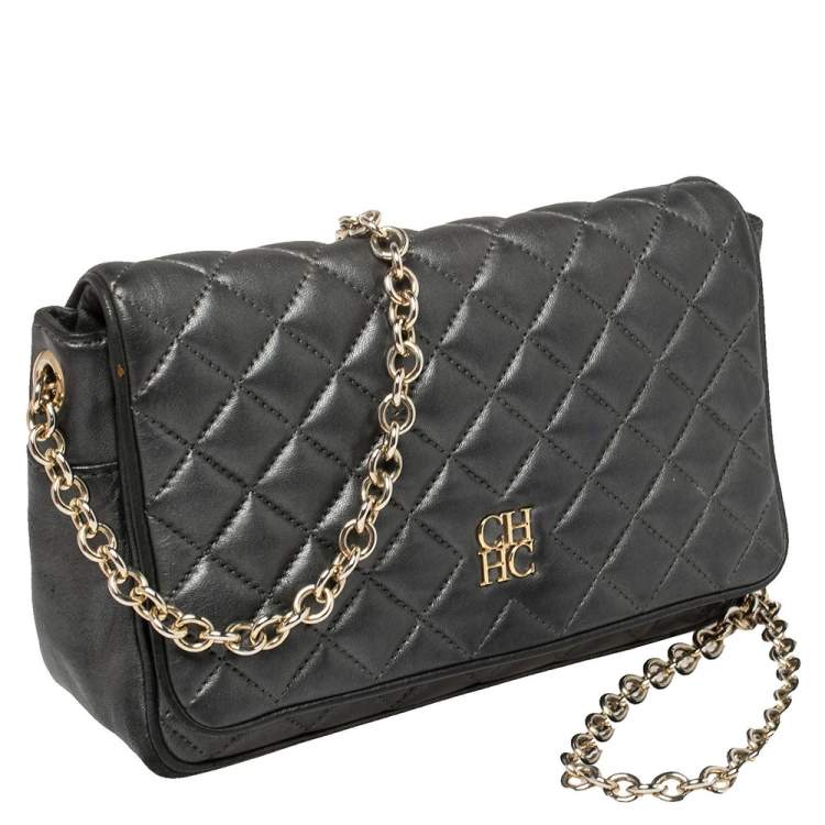 Pre Owned Carolina Herrera Dark Grey Quilted Leather Flap Chain Bag