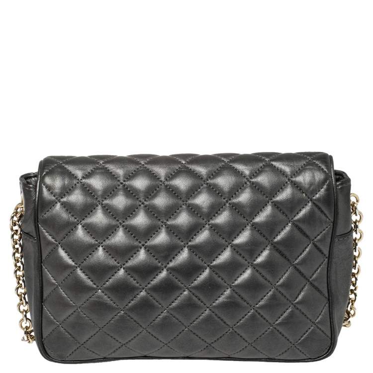 Pre Owned Carolina Herrera Dark Grey Quilted Leather Flap Chain Bag