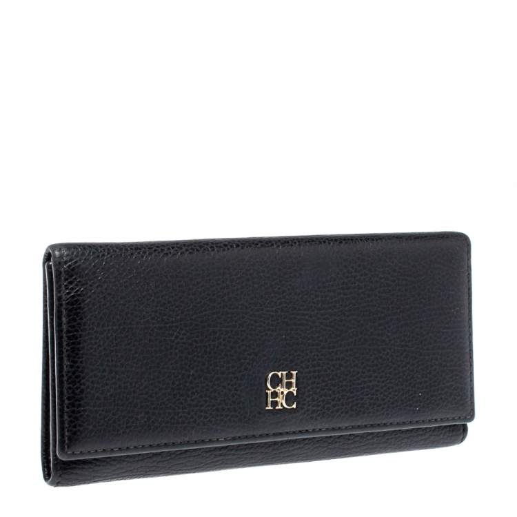 Pre Owned Carolina Herrera Black Leather Flap Continental Wallet