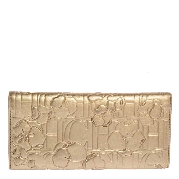 Pre Owned Carolina Herrera Gold Floral Embossed Leather Trifold Continental Wallet