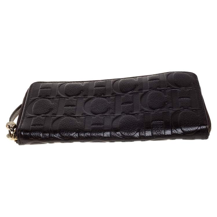 Pre Owned Carolina Herrera Brown Monogram Leather Zip Around Wallet