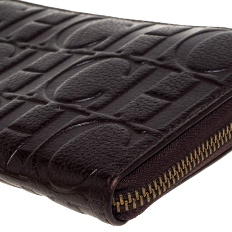 Pre Owned Carolina Herrera Brown Monogram Leather Zip Around Wallet