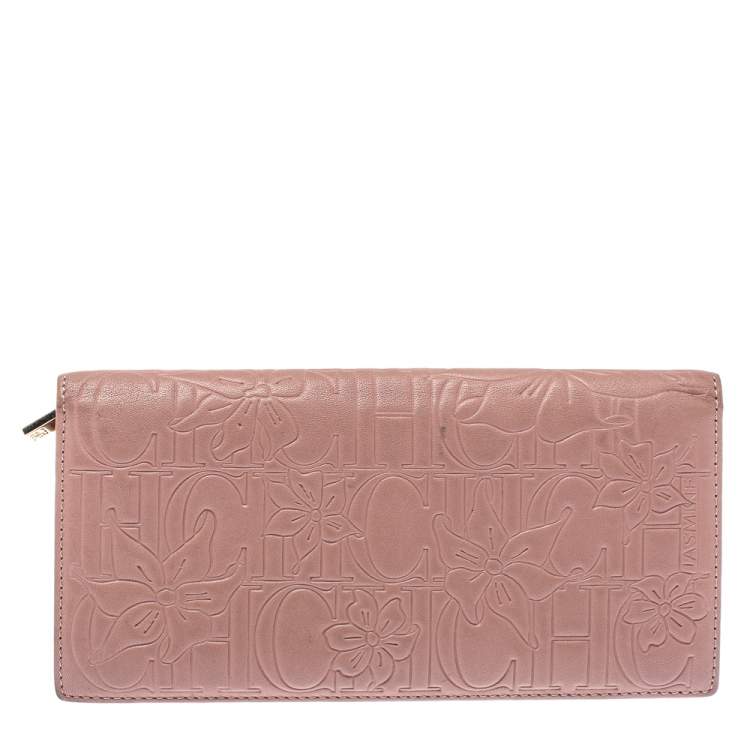 Pre Owned Carolina Herrera Pink Embossed Leather Continental Wallet