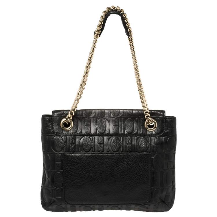 Pre Owned Carolina Herrera Black Monogram Leather Audrey Shoulder Bag