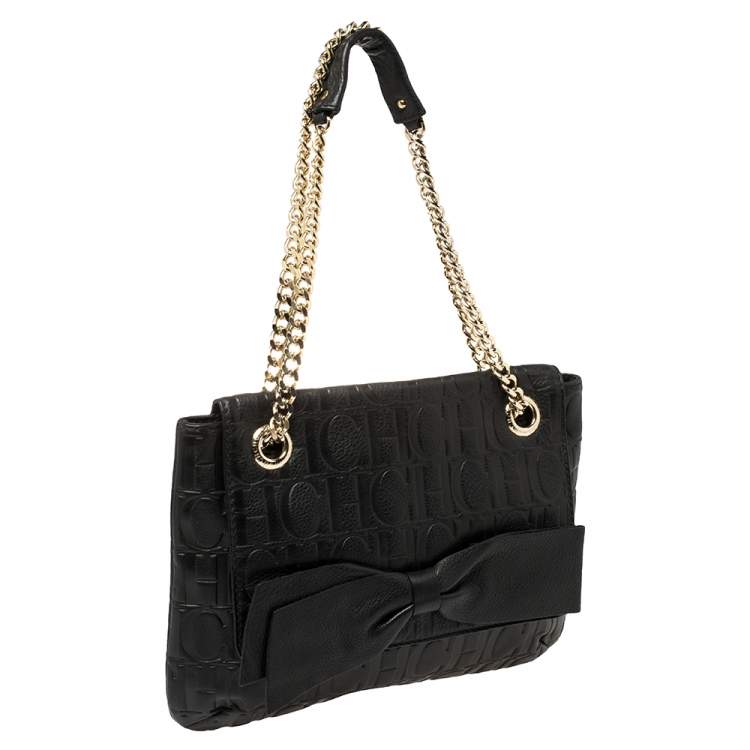 Pre Owned Carolina Herrera Black Monogram Leather Audrey Shoulder Bag