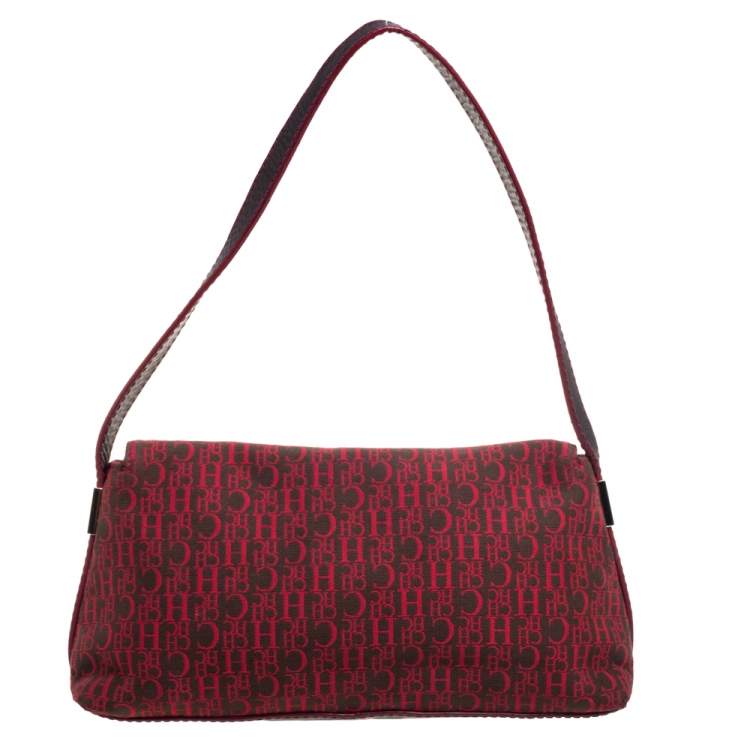 Pre Owned Carolina Herrera Red Monogram Canvas and Leather Shoulder Bag