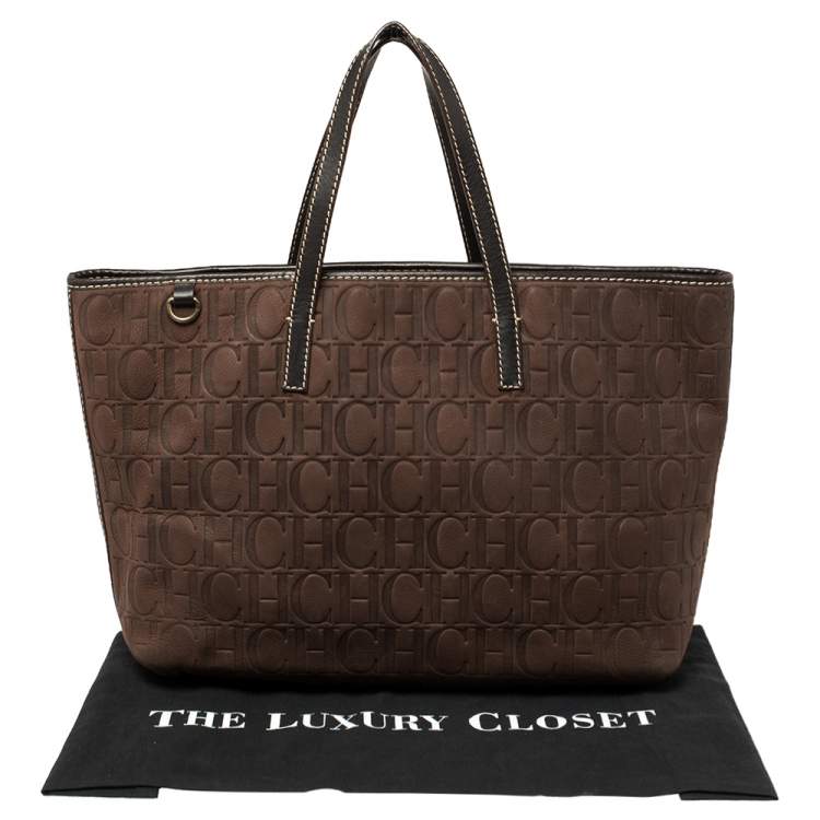 Pre Owned Carolina Herrera Dark Brown Monogram Embossed Leather Shopper Tote
