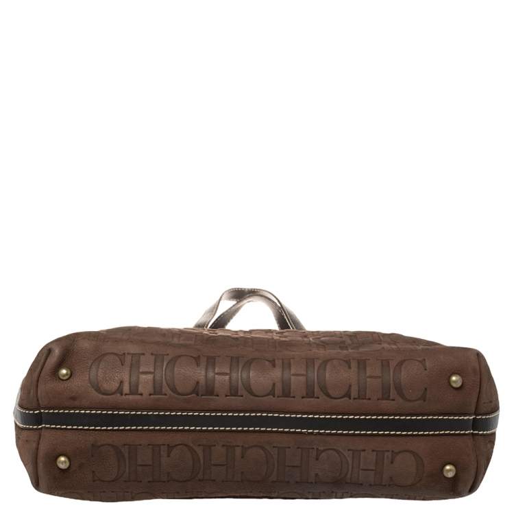 Pre Owned Carolina Herrera Dark Brown Monogram Embossed Leather Shopper Tote