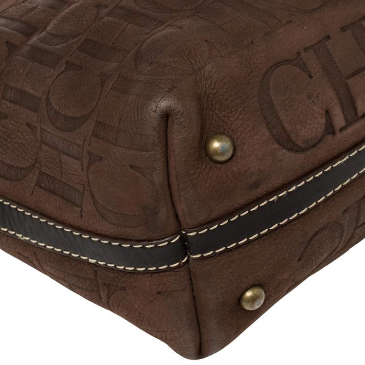 Pre Owned Carolina Herrera Dark Brown Monogram Embossed Leather Shopper Tote
