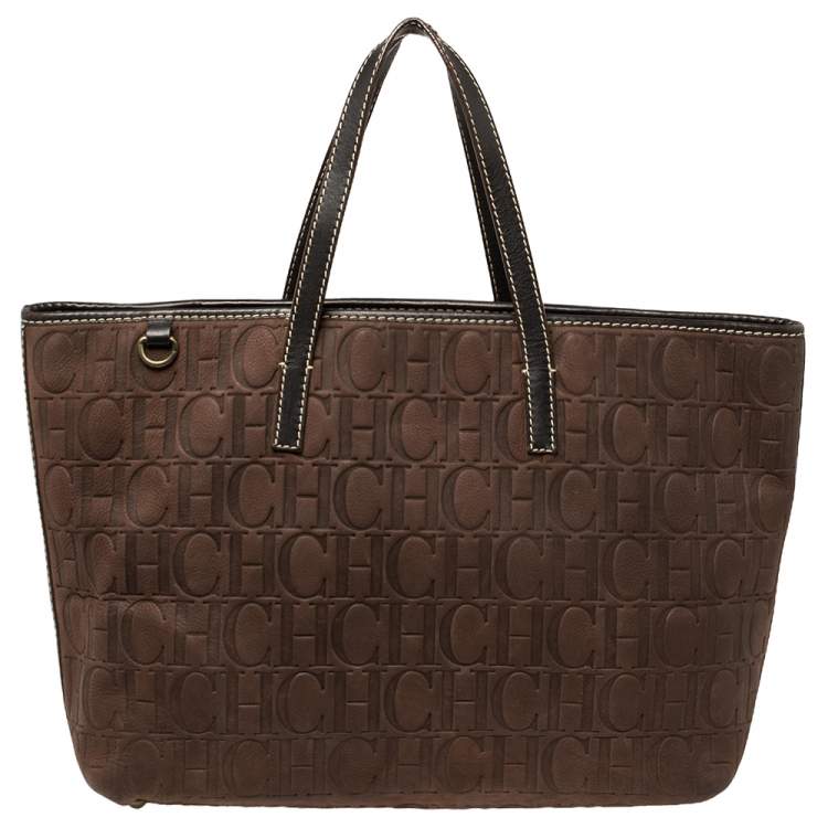 Pre Owned Carolina Herrera Dark Brown Monogram Embossed Leather Shopper Tote