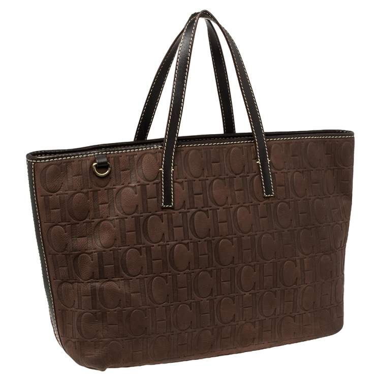 Pre Owned Carolina Herrera Dark Brown Monogram Embossed Leather Shopper Tote