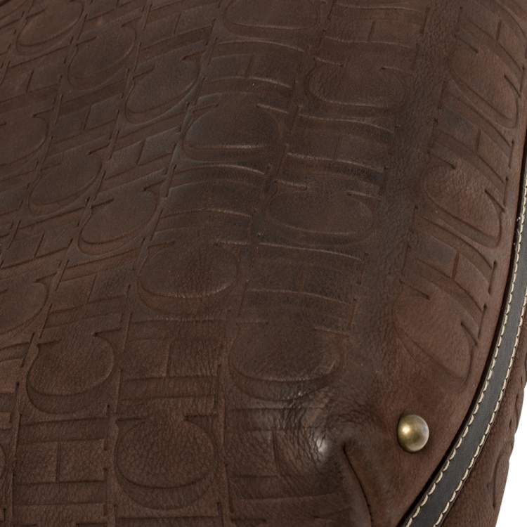 Pre Owned Carolina Herrera Dark Brown Monogram Embossed Leather Shopper Tote