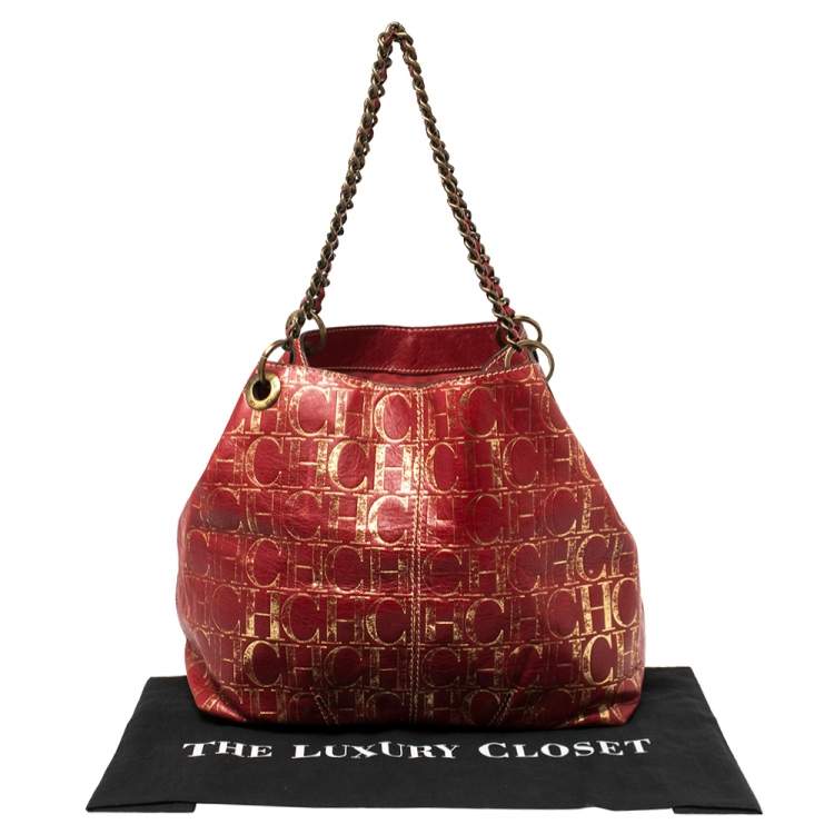 Pre Owned Carolina Herrera Red/Gold Monogram Leather Chain Tote