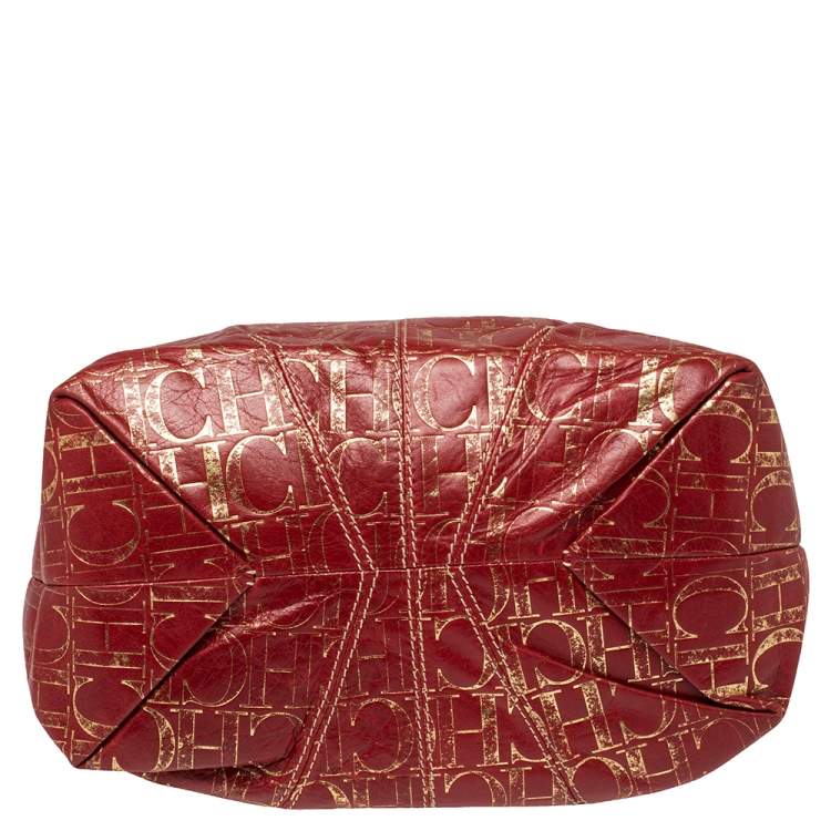 Pre Owned Carolina Herrera Red/Gold Monogram Leather Chain Tote