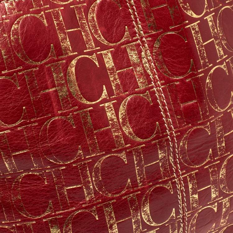 Pre Owned Carolina Herrera Red/Gold Monogram Leather Chain Tote