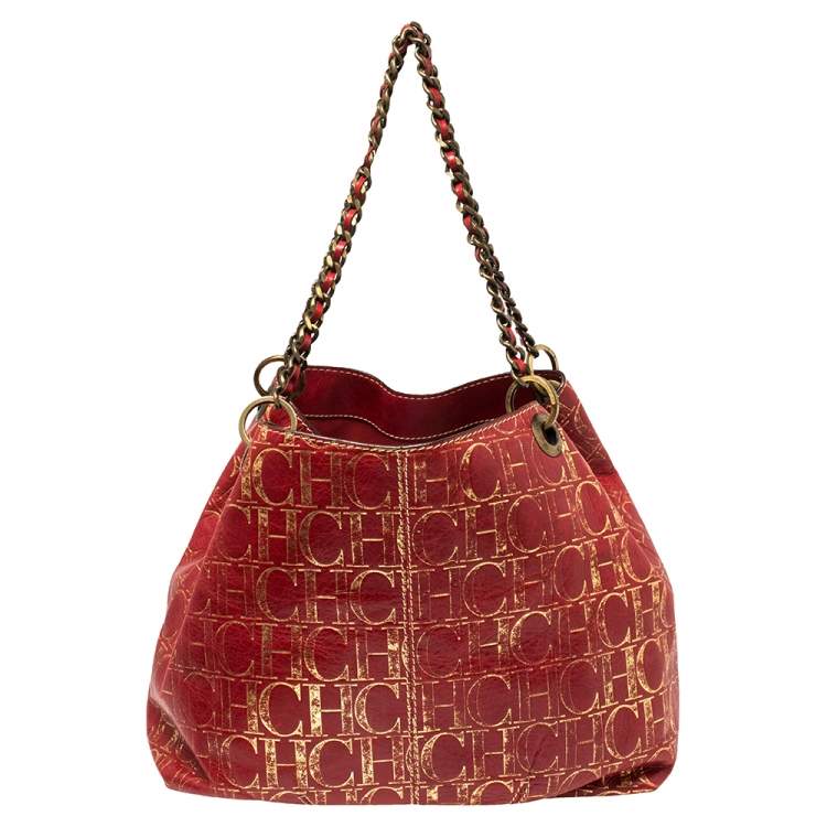 Pre Owned Carolina Herrera Red/Gold Monogram Leather Chain Tote