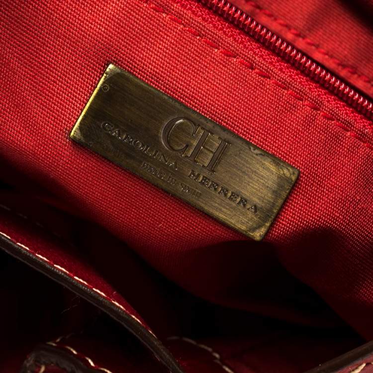 Pre Owned Carolina Herrera Red/Gold Monogram Leather Chain Tote