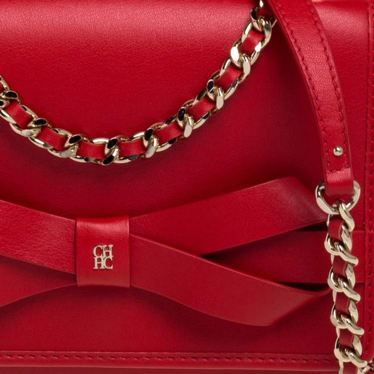 Pre Owned Carolina Herrera Red Leather Bow Flap Shoulder Bag