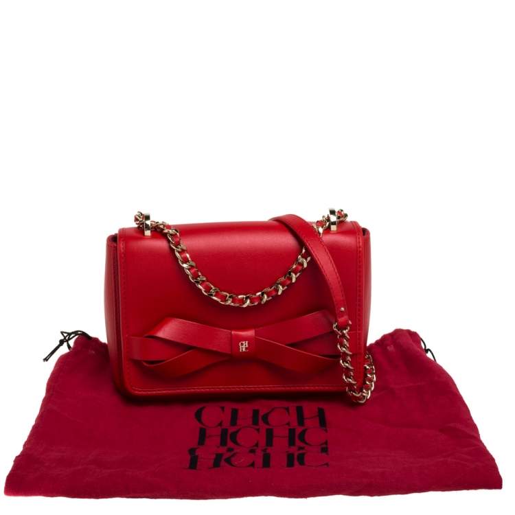 Pre Owned Carolina Herrera Red Leather Bow Flap Shoulder Bag
