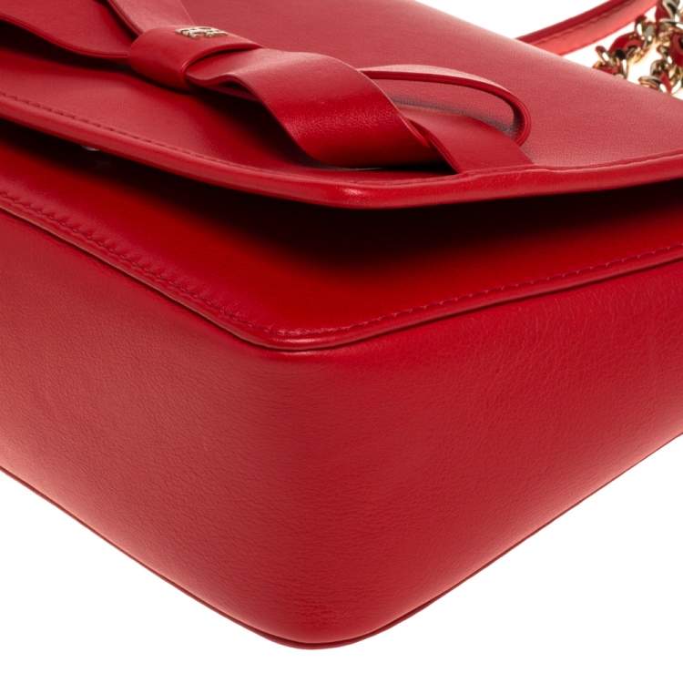 Pre Owned Carolina Herrera Red Leather Bow Flap Shoulder Bag