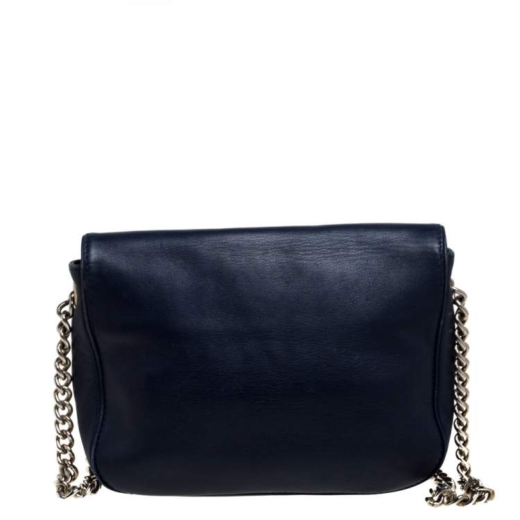 Pre Owned Carolina Herrera Navy Blue Leather Flap Chain Shoulder Bag