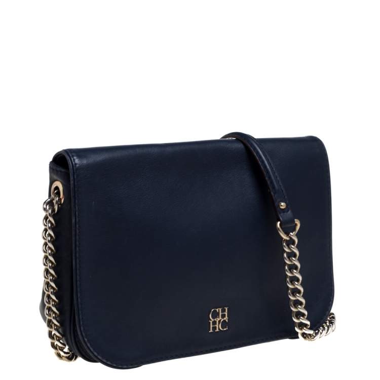 Pre Owned Carolina Herrera Navy Blue Leather Flap Chain Shoulder Bag