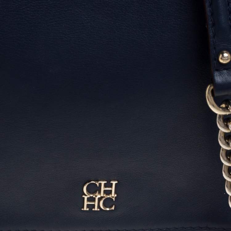 Pre Owned Carolina Herrera Navy Blue Leather Flap Chain Shoulder Bag