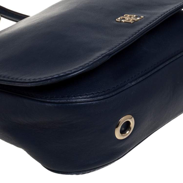 Pre Owned Carolina Herrera Navy Blue Leather Flap Chain Shoulder Bag