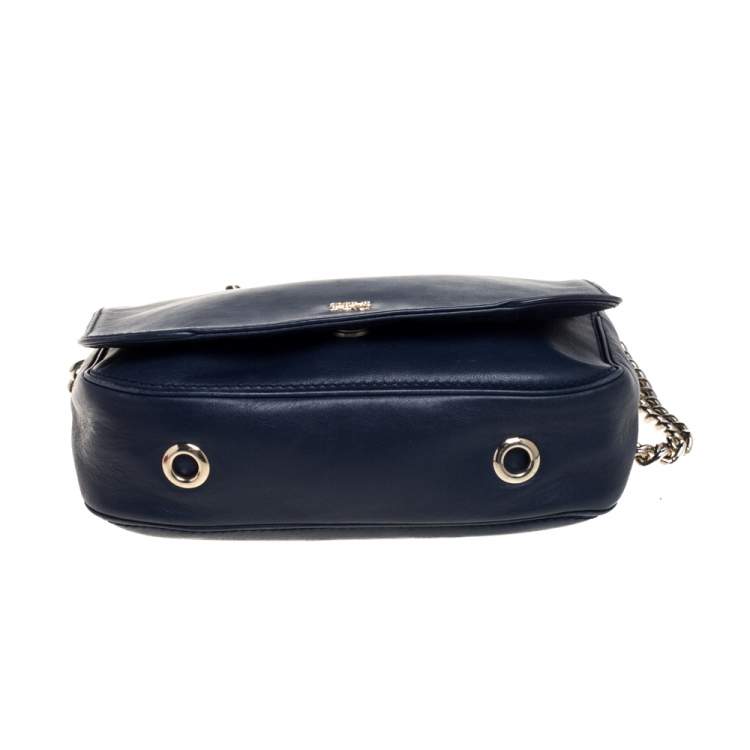 Pre Owned Carolina Herrera Navy Blue Leather Flap Chain Shoulder Bag