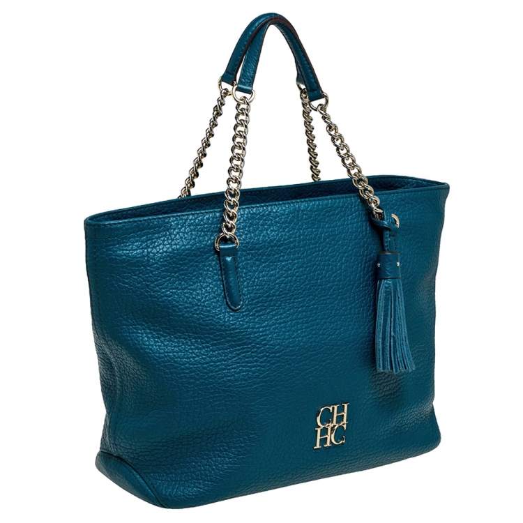Pre Owned Carolina Herrera Dark Green Leather Tassel Zip Tote