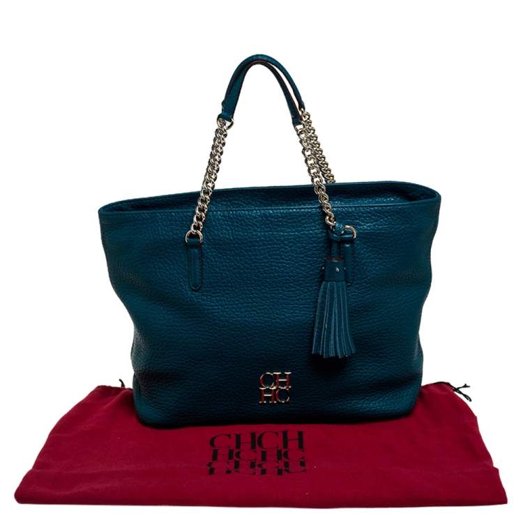 Pre Owned Carolina Herrera Dark Green Leather Tassel Zip Tote