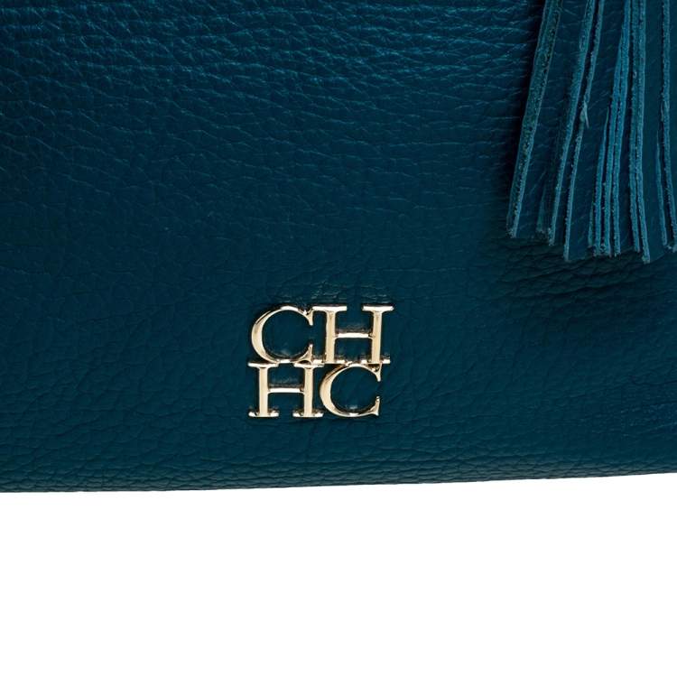Pre Owned Carolina Herrera Dark Green Leather Tassel Zip Tote