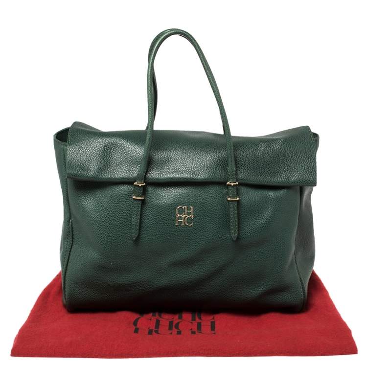 Pre Owned Carolina Herrera Green Leather Flap Tote