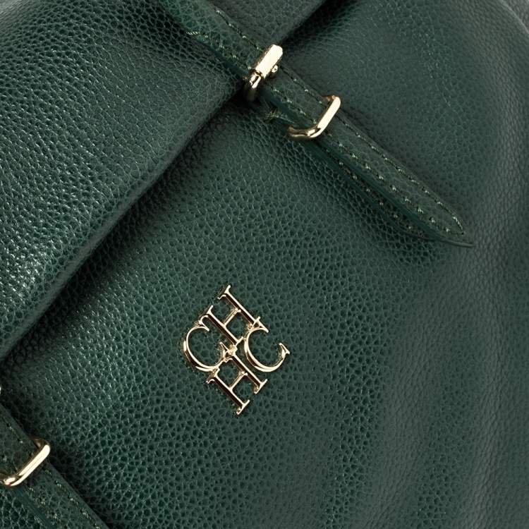 Pre Owned Carolina Herrera Green Leather Flap Tote