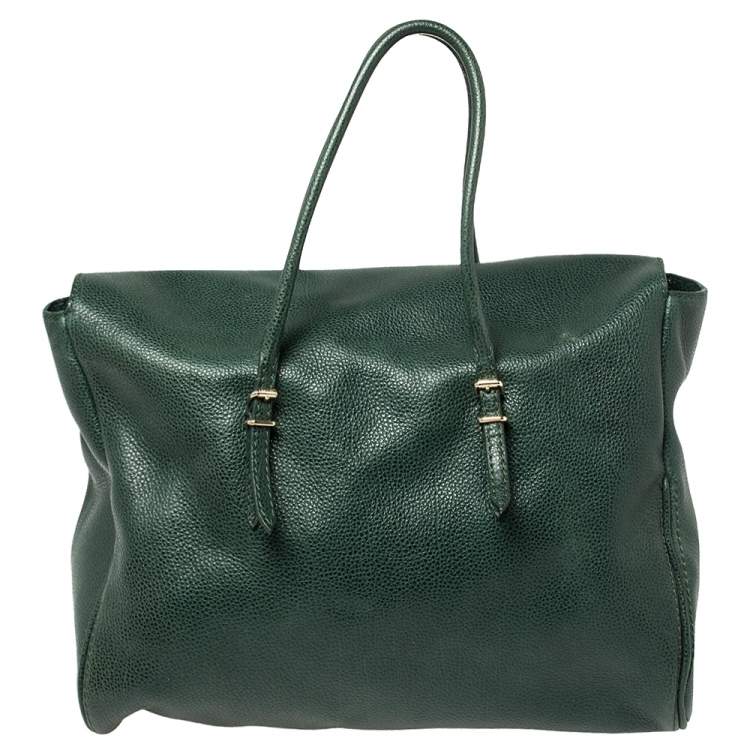 Pre Owned Carolina Herrera Green Leather Flap Tote