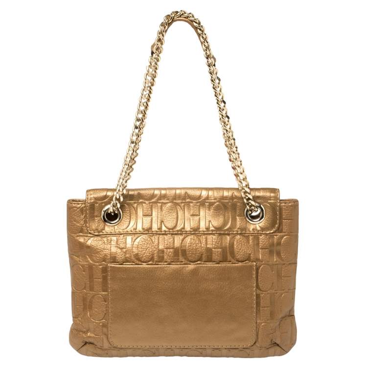 Pre Owned Carolina Herrera Gold Monogram Leather Audrey Shoulder Bag