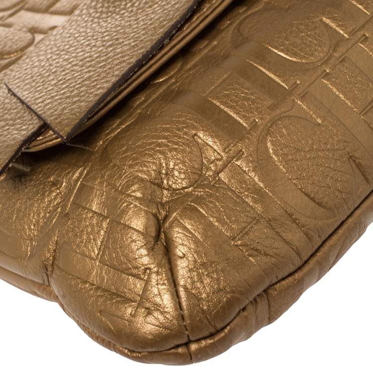 Pre Owned Carolina Herrera Gold Monogram Leather Audrey Shoulder Bag