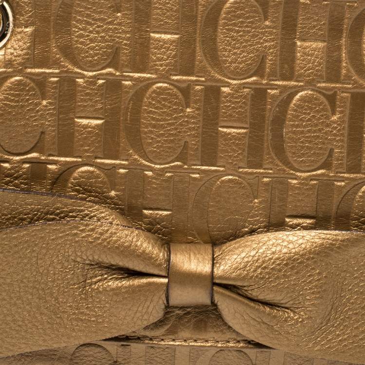 Pre Owned Carolina Herrera Gold Monogram Leather Audrey Shoulder Bag