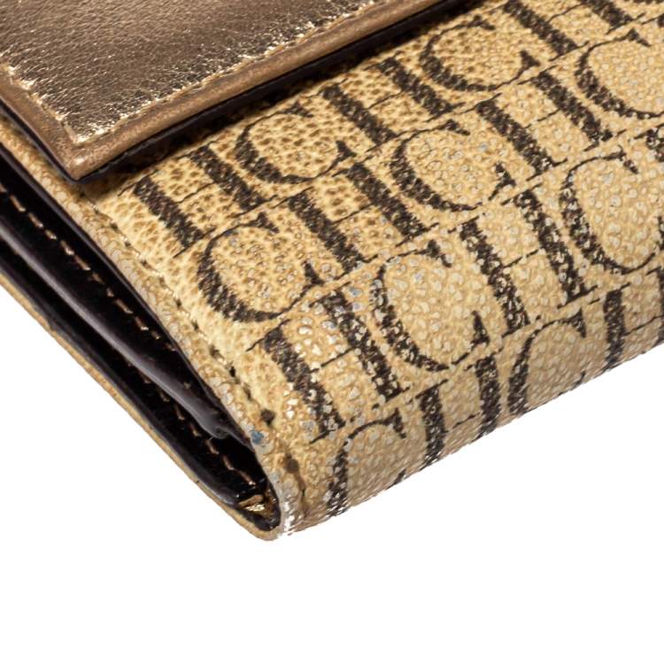 Pre Owned Carolina Herrera Gold/Beige Monogram Coated Canvas and Leather Flap Compact Wallet