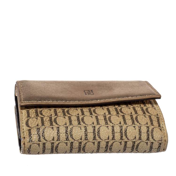 Pre Owned Carolina Herrera Gold/Beige Monogram Coated Canvas and Leather Flap Compact Wallet
