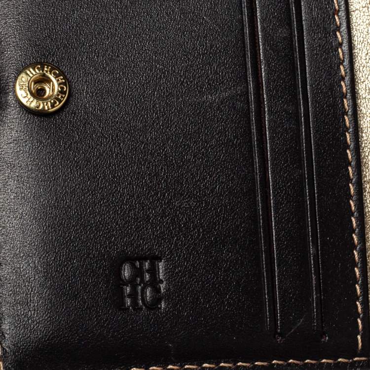 Pre Owned Carolina Herrera Gold/Beige Monogram Coated Canvas and Leather Flap Compact Wallet